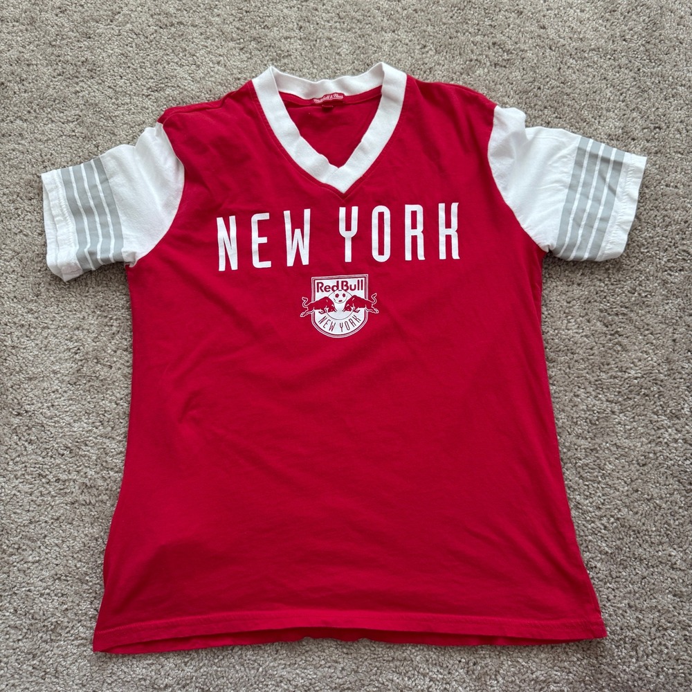 Mitchell & Ness New York Red Bulls MLS V-Neck T-Shirt Red White Womens Medium